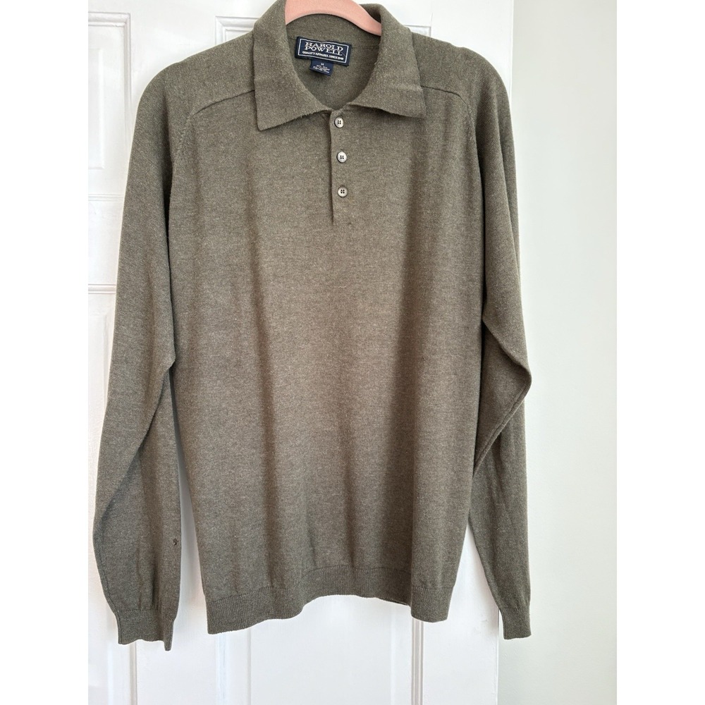 Harold Powell Mens Silk Cashmere Polo Sweater Olive Green Long Sleeve Size M